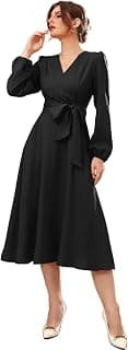 Vivvli Women's Polyester A-line V-Neck Bishop Sleeve Midi Belted Dress