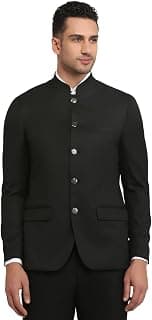 Raymond Men Regular Fit Solid Pattern Poly Viscose Elastane Blend Stand Collar Full Sleeve Ceremonial Jacket