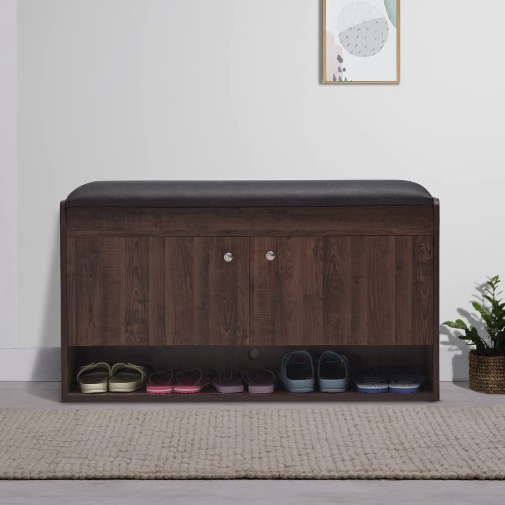 Sleepyhead Footsie Designed by Duroflex - Engineered Wood Horizontal Shoe Rack with Cushion Seat, (2 Door, 15 Pair, Dark Walnut)