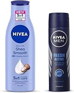 Nivea Body Lotion For Dry Skin, Shea Smooth, With Shea Butter, For Men & Women, 200 ml & Nivea Fresh Active Original Deodorant for Men, 150ml