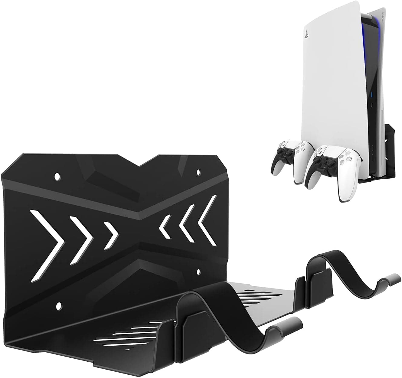 New World for PS5 Wall Mount Stand ,Wall Hang Stand for PS5 Fat/Slim /Pro All Model Digital/Disc Edition Console Floating Shelf Behind TV, with 2 Detachable Controllers Holder Rack Metal Stand Kit,