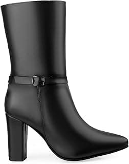 BXXY Women's 3.5 Inch Block Heel Height, Classic Leather-Stylish Mid Calf (Half Boot) Buckle Boots