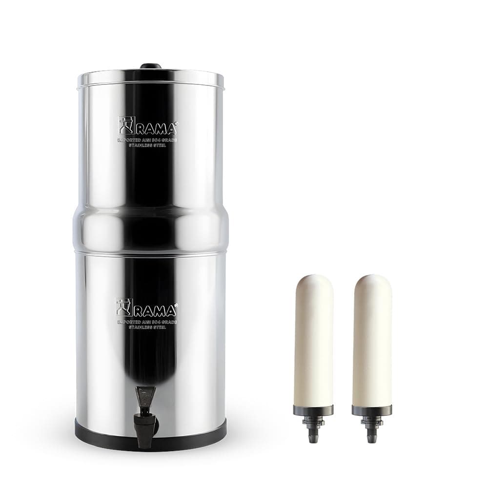RAMA Gravity Water Filter | 17L Total Capacity (8L Storage) | 304 Stainless Steel Non Electric Water Purifier Filter for Home | Includes Spirit 7" Ceramic Candles & 10-Year Warranty