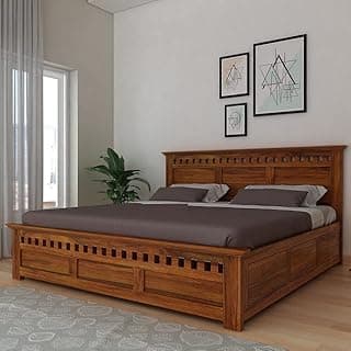 Wooden King Size Bed with Storage | Double Bed Cot Bed with Box Storage for Bedroom & Hotel | Sheesham Wood | Natural Teak Finish | Recommended Mattress Size: 78 X 72