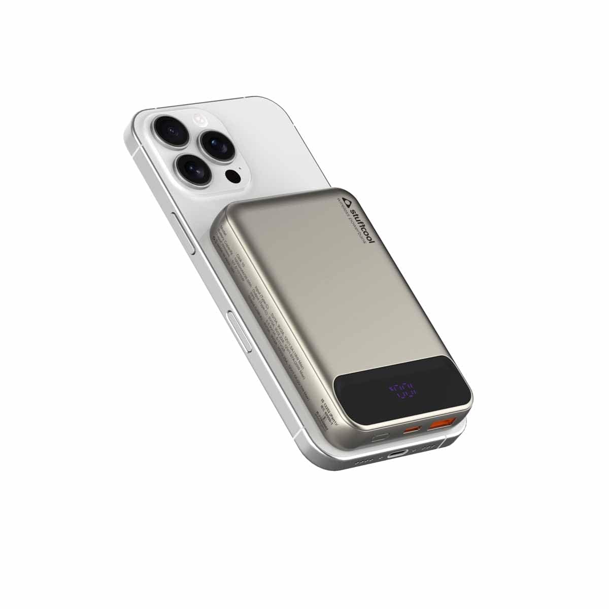 Stuffcool Click 10000mAh Slim Magnetic Wireless Powerbank Natural Titanium Finish Perfect for iPhone 16,15,14,13,12 with Led Display and 20W Fast Wired Charging - Charges iPhone 50% in 30 mins