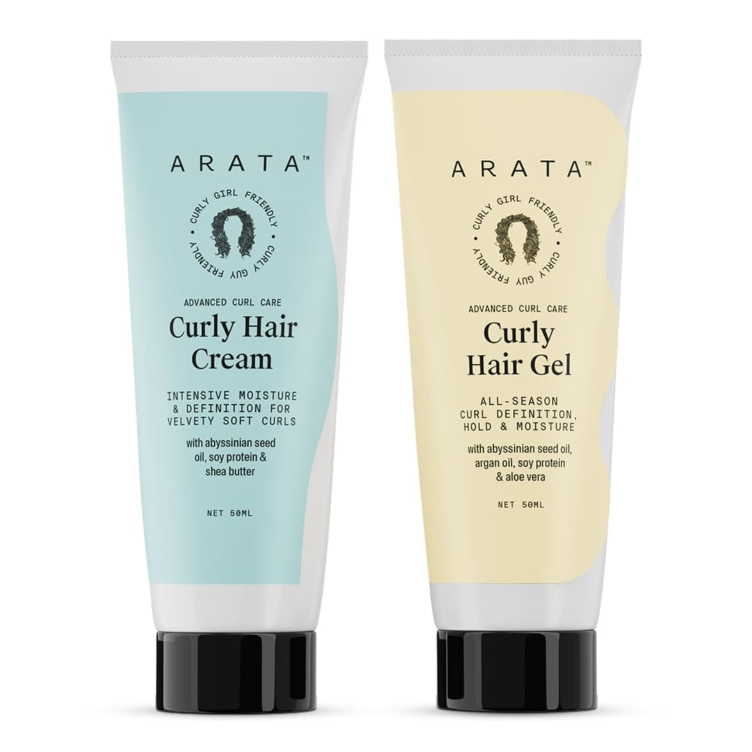 Arata Curl Styling Combo (Mini) For Curly, Frizzy & Dry Hair|Reduces Frizz | Moisturises & Hydrates Curls | Natural Hold | Sulphate, Paraben & Silicone Free | For Men & Women (50ml +50ml)