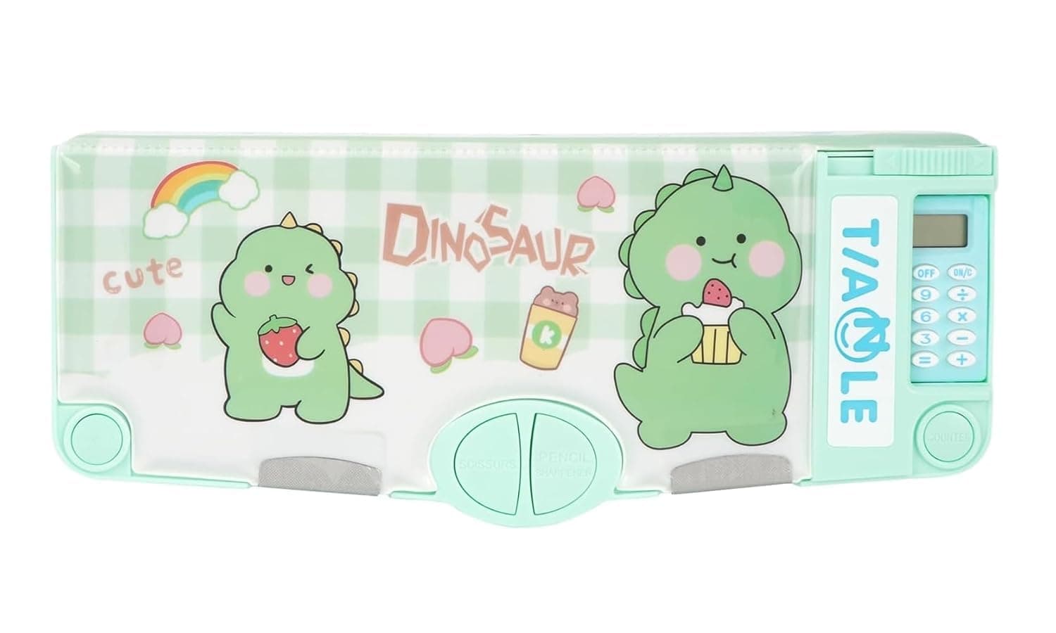 Onpalm Enterprise Plastic Multifunctional School Pencil Box with Calculator Cute Cartoon Stationary Compass Geometry Kids with Inbuilt Scissor Ruler Eraser Magnetic Box Best Gifts (Green Dinosaour)