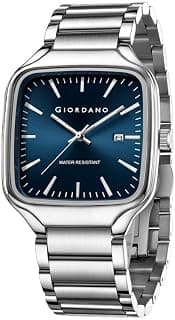 Giordano Analog Watch for Men – Square Dial, Stainless Steel Strap, Date Display, Water Resistant Classic Dress Watch