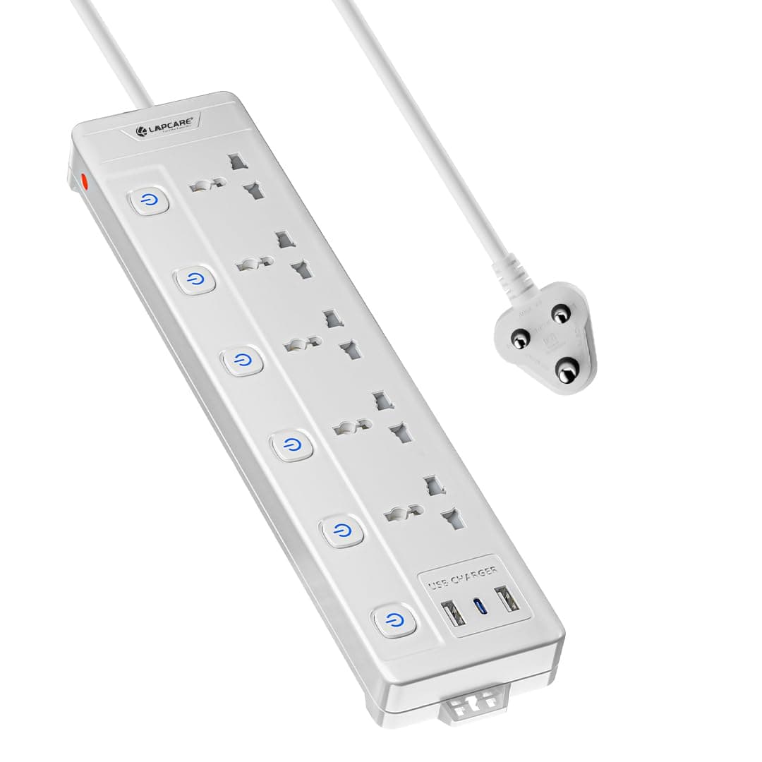 Lapcare Smart Surge Protector with Individual Switch, 250 Volts Extension Board, 5AC Socket 2500W, PD 20w & 2xUSB, 1.5M Copper Cord, Overload Protection, Safety Shutter, Durable PP Body
