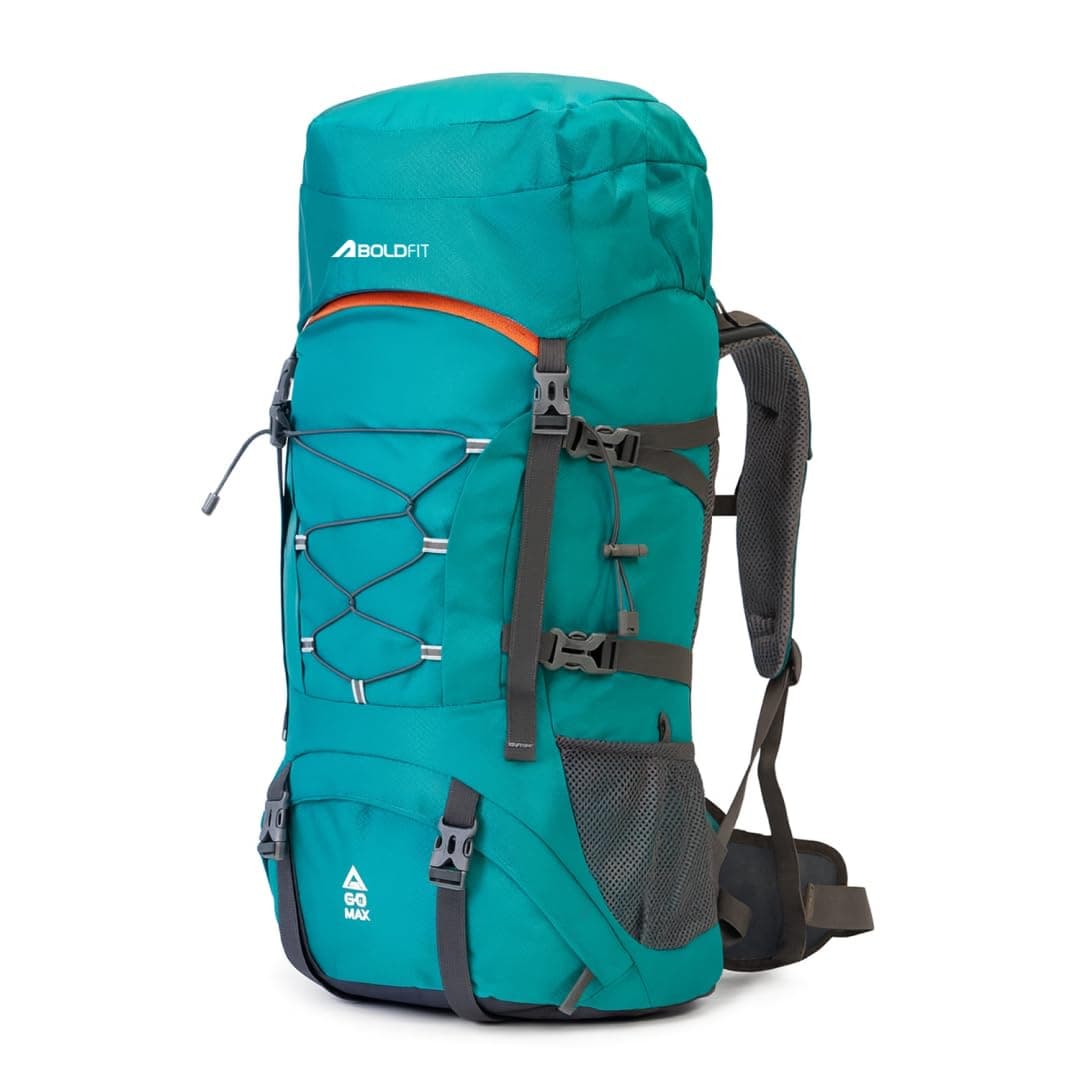Boldfit Rucksack Bag 60 Litres Trekking Bag Travel Backpack For Men & Women Rucksack Bags For Men With Laptop Sleeve & Waterproof Rain Cover For Camping Tourist Bag With Shoe Compartment (Blue)