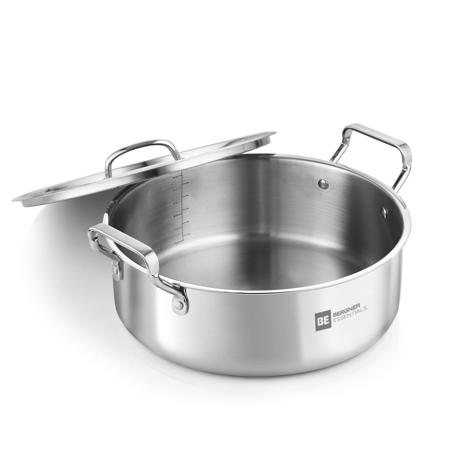 Bergner BE Essentials TriPly Stainless Steel 24cm Shallow Biryani Pan with Stainless Steel Lid, 3.2L Shallow Tope/Langri/Handi, Consumes Less Oil, Healthy Cooking - Induction and Gas Stove Ready