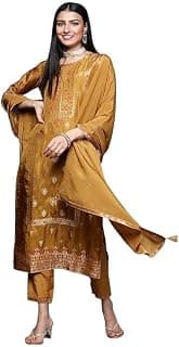 Libas Gerua Embellished Silk Blend Straight Kurta With Trousers and Dupatta