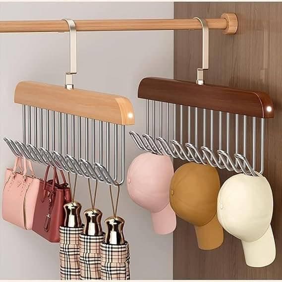 WEPTIX® Wooden Hanger - Multipurpose Adjustable 8 Hooks Closet Wooden Hanger for Lingerie, Belt, Scarf, Tie, Garments, Perfect Storage Holder Organizer Hangers for Wardrobe and Cupboard (4)