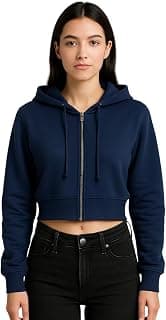 NUNO Women's Cropped Zip-Up Hoodie, Athletic Sweatshirt, Available in Olive Green, Red, Black, Navy Blue, Brown, Full-Length Front Zipper, Drawstring Hood