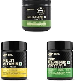 OPTIMUM NUTRITION Glutamine Powder 250g | 5g/Serve | Muscle Recovery | ON Multivitamin for Men 60 Tabs with 26 Nutrients | ON ZMA 60 Caps for Muscle Strength, Metabolism & Immunity