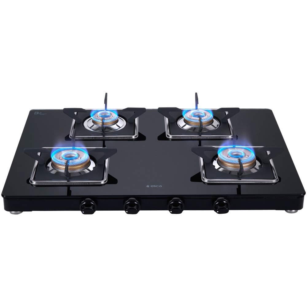 Elica Slimmest 4 Burner Gas Stove | Ultra Slim Frame | Forged Brass Burners | Toughened Glass Top | 7 Year Warranty on Glass & 5 Year Warranty on Burners | 694 CT VETRO (SLIMLINE SPF 2J) | Black