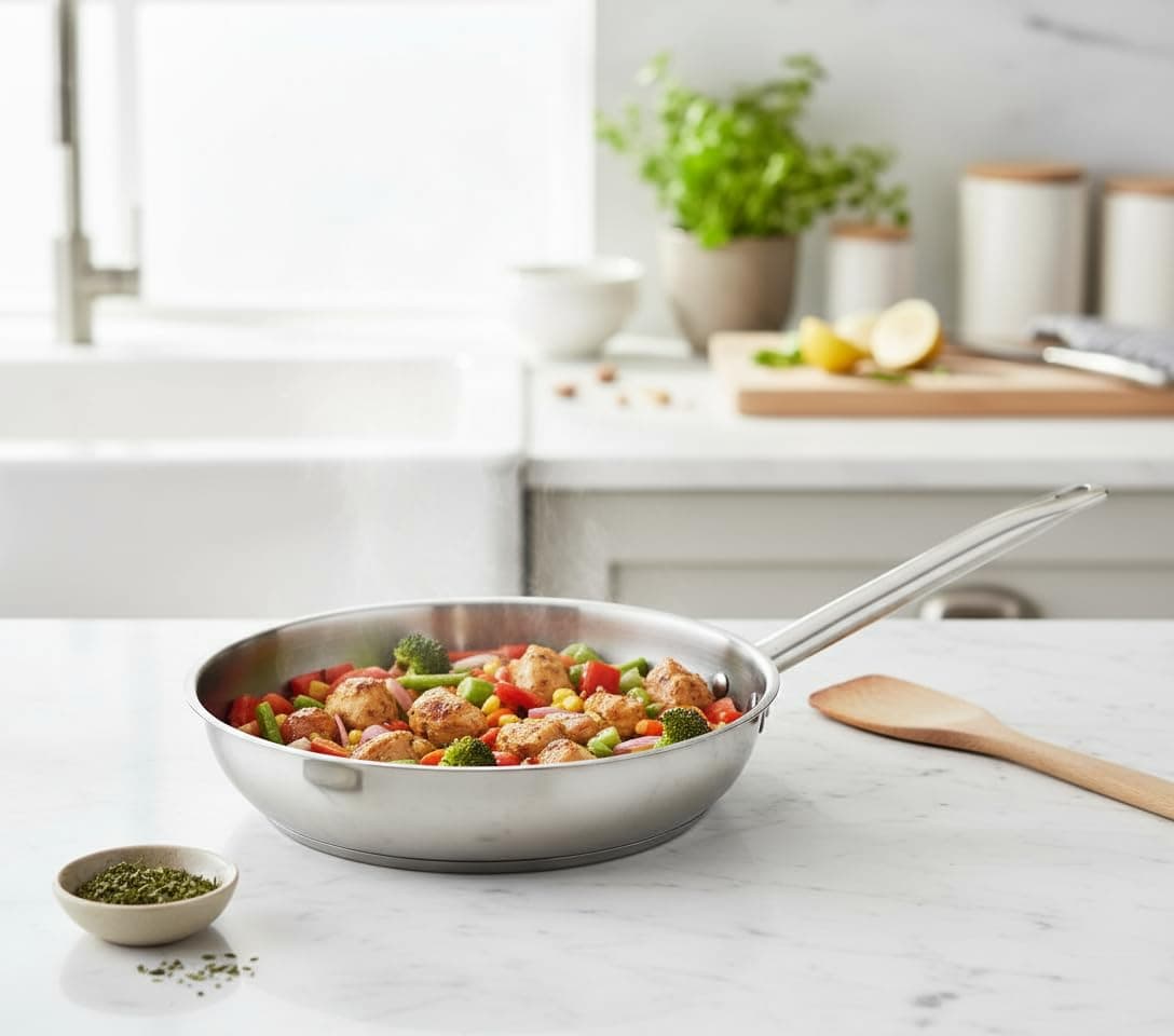 KMW Frying Pan Stainless Steel W/Handle | Thickness 0.7MM | 2.3L | Capsule Bottom | Induction Friendly | Dishwasher Safe (24CM) | Heat Distribution