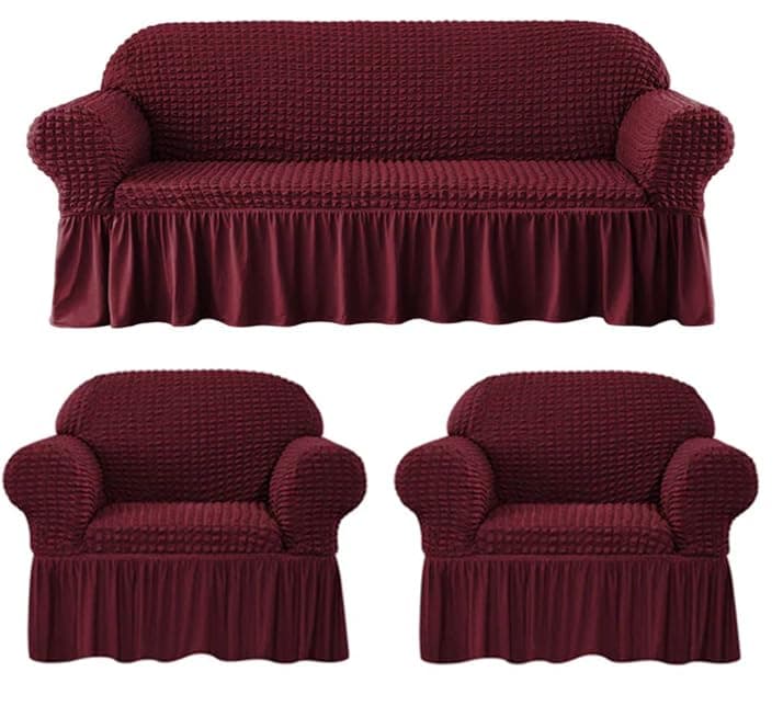 Lukzer 320 GSM Wine Red 5 Seater Turkish Sofa Cover Universal Couch Protector Bubble Fabric with Frill Universal Big Elasticity Furniture Slipcover (SC-098-05)