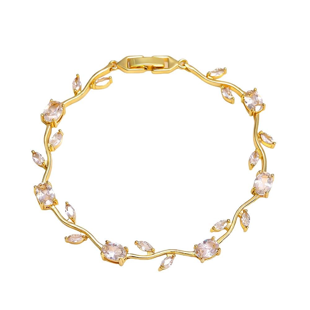MEENAZ Bracelets for Women Stylish Gold Plated Tulip American Diamond CZ Stone Bracelet with Leaf Design, Adjustable Link Chain, Anti Tarnish Stainless Steel Jewellery for women Girls Gifts 487