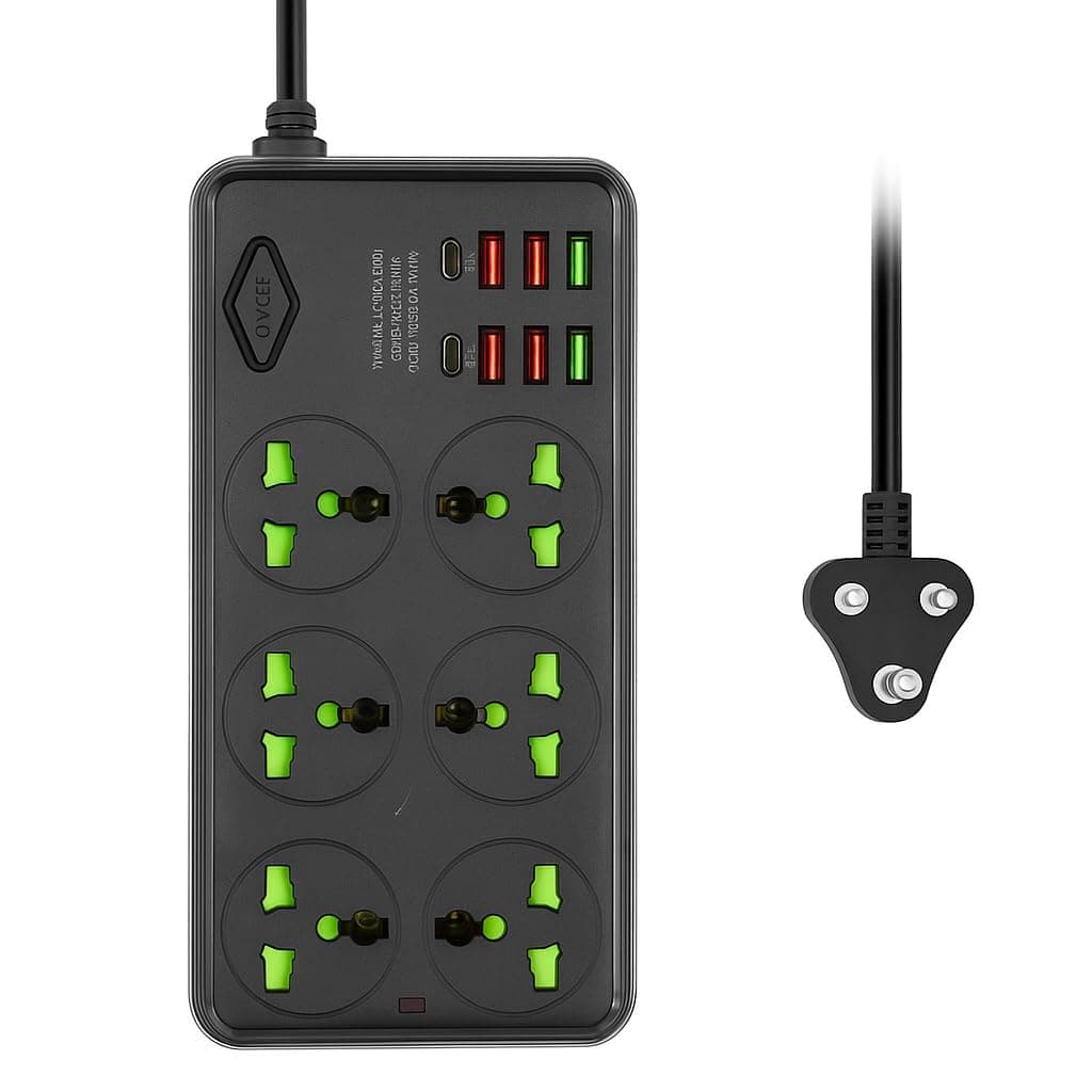 PESOMA Extension Board, Power Strip with 6 USB Ports and 6 Universal Socket, 2500W 10A Extension Cord, 3-Pin Surge Protector Power Strip for Home, Office, Computer, Mobile Charging (Z69-Black)