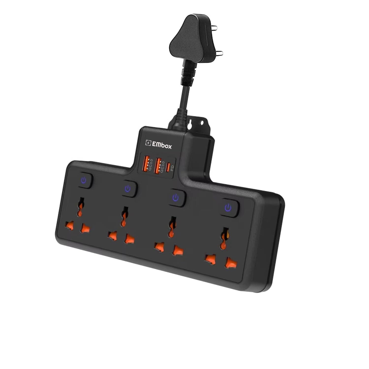 Embox 20W Multi Plug Adapter Type-C PD Fast Charging| Extension Board with USB C & Switches (QC3.0) | Multiplug Socket with 4 Universal Sockets 2Type-A & 1Type-C Ports|Black