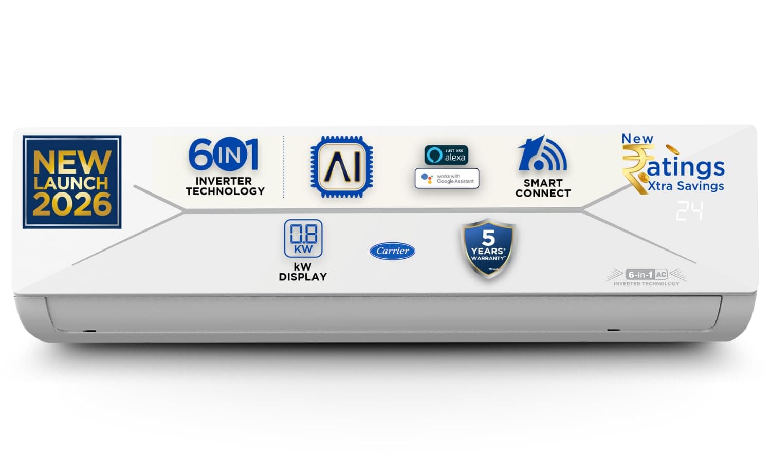 Carrier 2 T 5Star,New Star rated,Wi-Fi Smart Flexicool Inverter Split AC(Copper,Convertible6-in-1withWi-Fi with Geo-Fencing,Smart EnergyDisplay,New star Rating,ESTER EDGE Gxi WiFi-CAI24EE5R36W1,White)