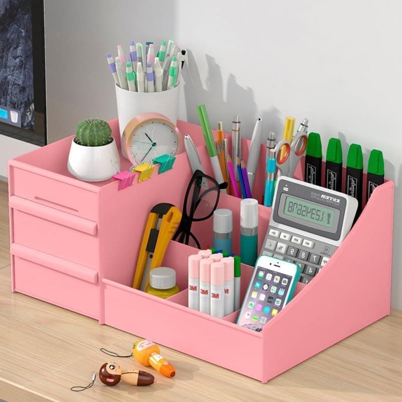 RECLUSE Office Desk Organizer with Drawer,Aesthetic Desk Stationary Item& Jewellery Holder with Pencil Holders,Paperclip Store Office Stationery Supplies Accessories Caddy 7 Compartments with 2 Drawer