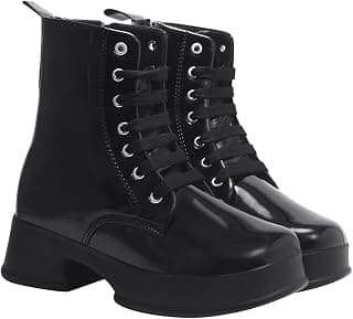 Shoetopia Women’s Patent Lace-Up Ankle Boots – Chunky Platform Heel Combat Style Comfortable Fashion Booties