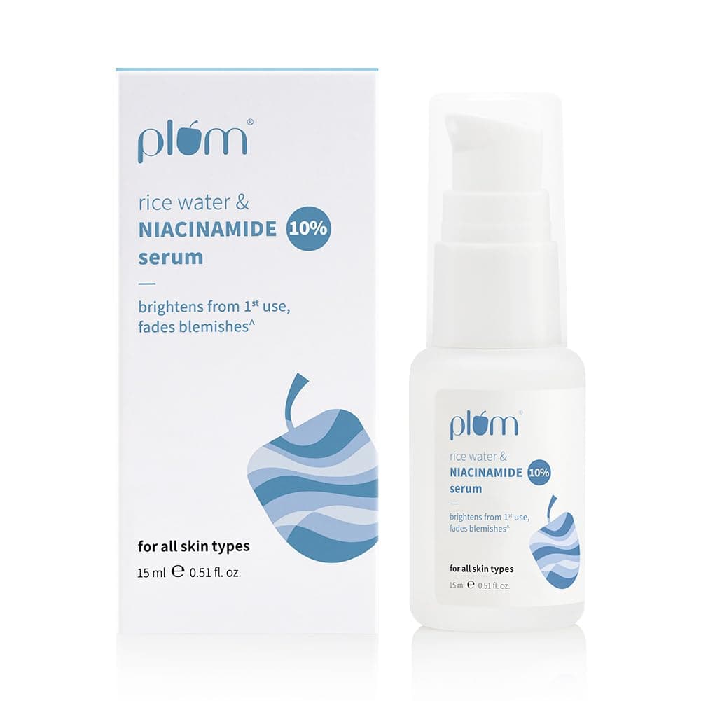 Plum 10% Niacinamide Serum with Rice Water | Provides Clear, Glowing & Brightening Skin | for Acne Prone, Combination, Oily & Sensitive Skin | Oil Control & Anti Acne Face Serum for Women & Men | 15ml