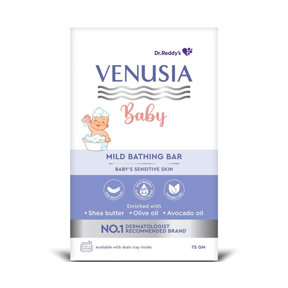 Venusia Baby Mild Bathing Bar | Non-irritating, pH 5.5 and Paraben Free | Enriched with Shea Butter, Olive Oil and Avocado Oil| Dermatologist recommended no 1 brand | 75g