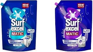 Surf Excel Matic Top Load Liquid Detergent 5Kg Refill Pouch, Specially designed to remove Tough Dried Stains, 1st time in Washing Machine & Matic Front Load Liquid Detergent 5Kg Refill Pouch