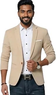 Darbar In Men's Slim Fit Blazer, Beige, Single Button, Notch Lapel, Casual Formal Style