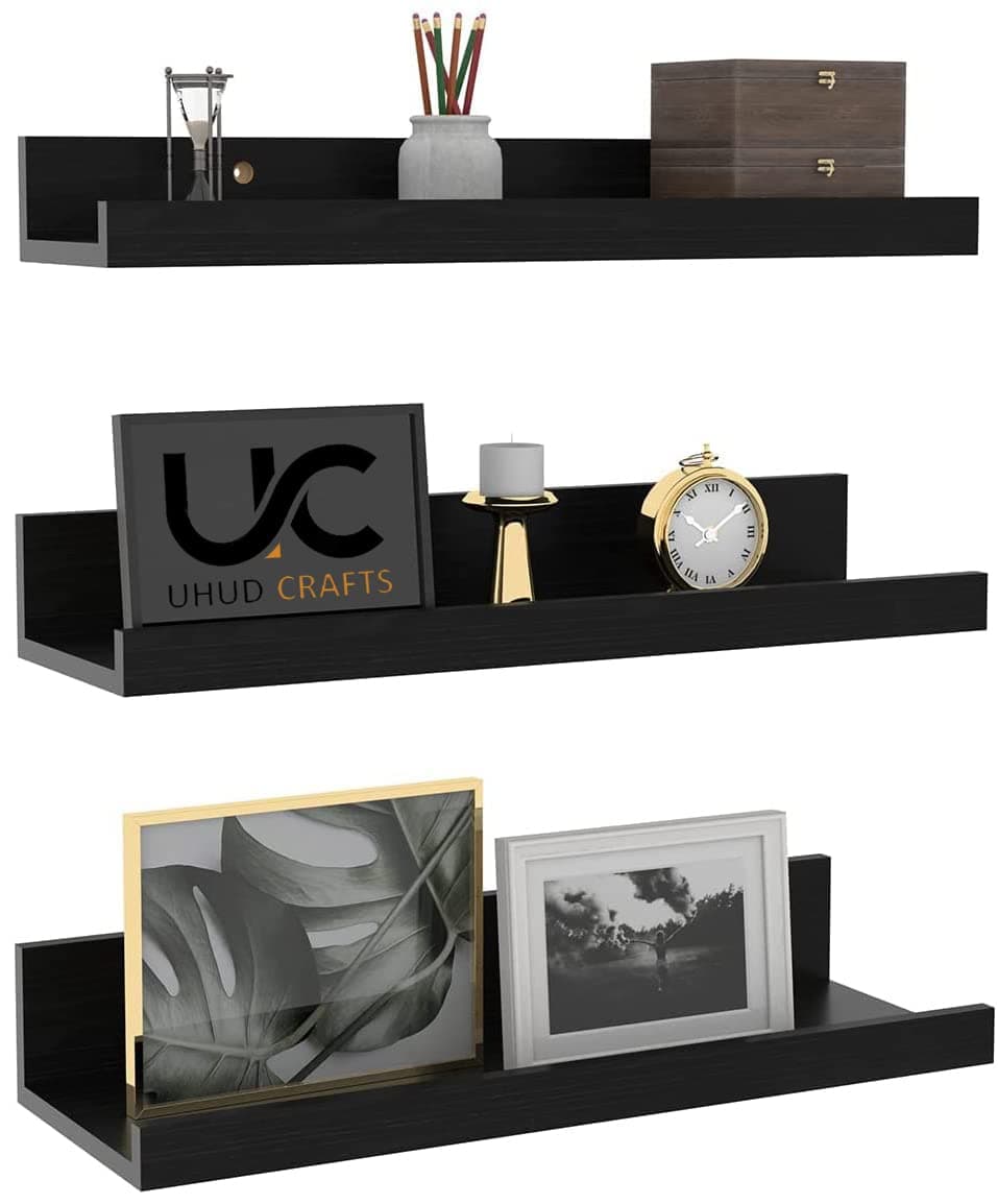 UHUD CRAFTS Floating Engineered Wood Wall Shelf, Wall Mounted Storage Shelf for Home Decoration Items Set of 3 for Living Room, Office, Bedroom, Bathroom for Showcase Decor Items - Black