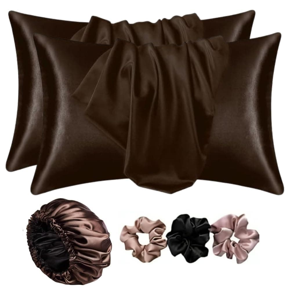 VIYANSHI Satin Pillow Cover for Hair & Skin 3 Months Warranty with 2 Silk Pillow Covers & 3 Satin Scrunchies for Silk Pillow case Satin Bonnet for Curly Hair (Coffee)