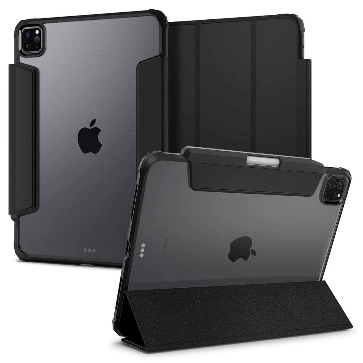 Spigen Flip case for iPad Pro 11 inch M2 4th Gen (2022) / 3rd Gen (2021) / 2nd Gen (2020) / 1st Gen (2018), Transparent Back, Built in Pencil Holder, Full Cover(Ultra Hybrid Pro) - Black | Transparent case with pencil holder, tri fold stand function, auto sleep/wake for 4.-1. Generation (2022-2018) - Black
