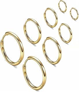 SANNIDHI 4 Pairs Hoops Earrings for Women Men Stylish Gold Stainless Steel Hoop Earrings 8mm/10mm/12mm/14mm Hoop Ear Rings Fashion Couple Jewellery Earrings set Birthday Gift for Men Women Girls