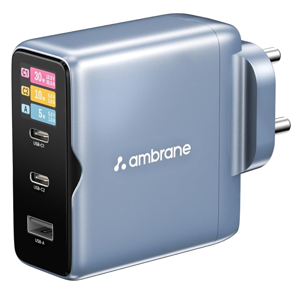 Ambrane 100W Fast Charging Display Charger, Display to Show Power Details, 3 Ports - 2 Type C, 1 USB, Type C PD Fast Charging for MacBook, iPhone, Type C Laptops, Other Devices (Charge D100, Blue)
