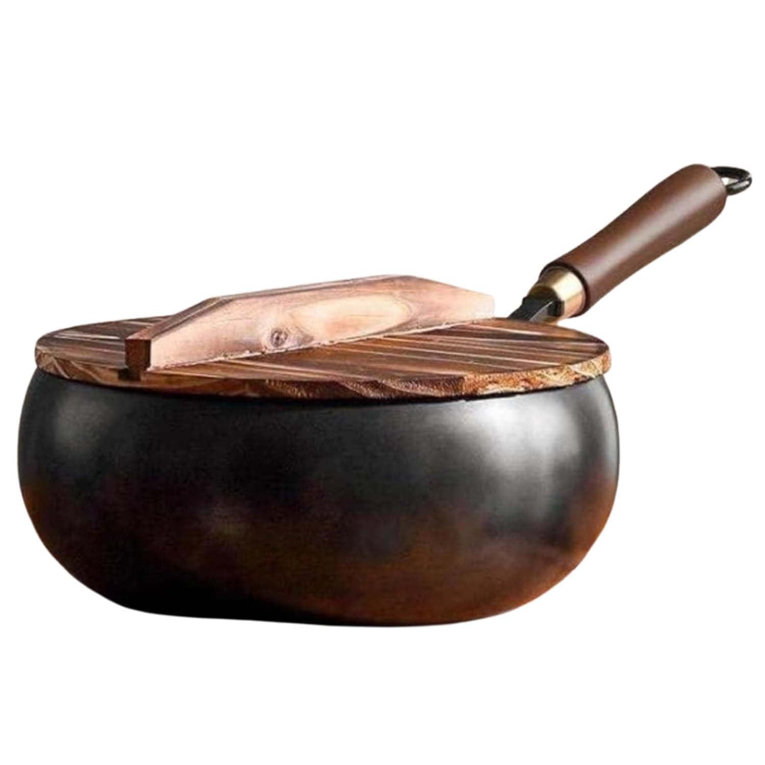 KANUPRIYA 28 cm Deep Round Wok Pan with Lid, Flat Bottom Chinese Cooking Wok with Wooden Handle, Carbon Steel Stir Fry Pan for Gas Stove, Frying, Boiling, Camping & Home Kitchen