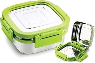 Ganesh Solo Sqaure Stainless Steel Container/Dabba with 4 Side Clip Lock Lid for Office & School Use/Food Grade/Air Tight/Easy to Carry/Leak Proof (350 ml, Assorted)