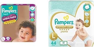 Pampers Active Baby Taped Diapers, Large size diapers, (L) 50 count, taped style custom fit & Pampers Premium Care Pants, Large size baby diapers (L), 44 Count, Softest ever Pampers pants