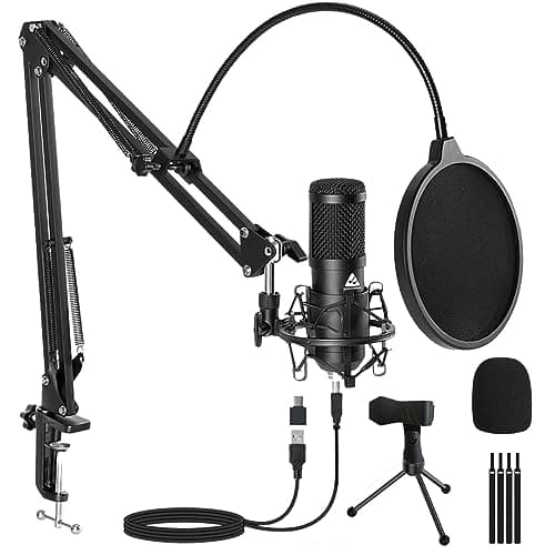 Audio Array USB Condenser Microphone Kit | for Podcasting, Online Meeting, Gaming, Singing & Live Streaming | Boom Arm, Pop Filter, Mic Cover, Spider Shock Mount, Tripod & 2.5M USB Cable | AM-C1