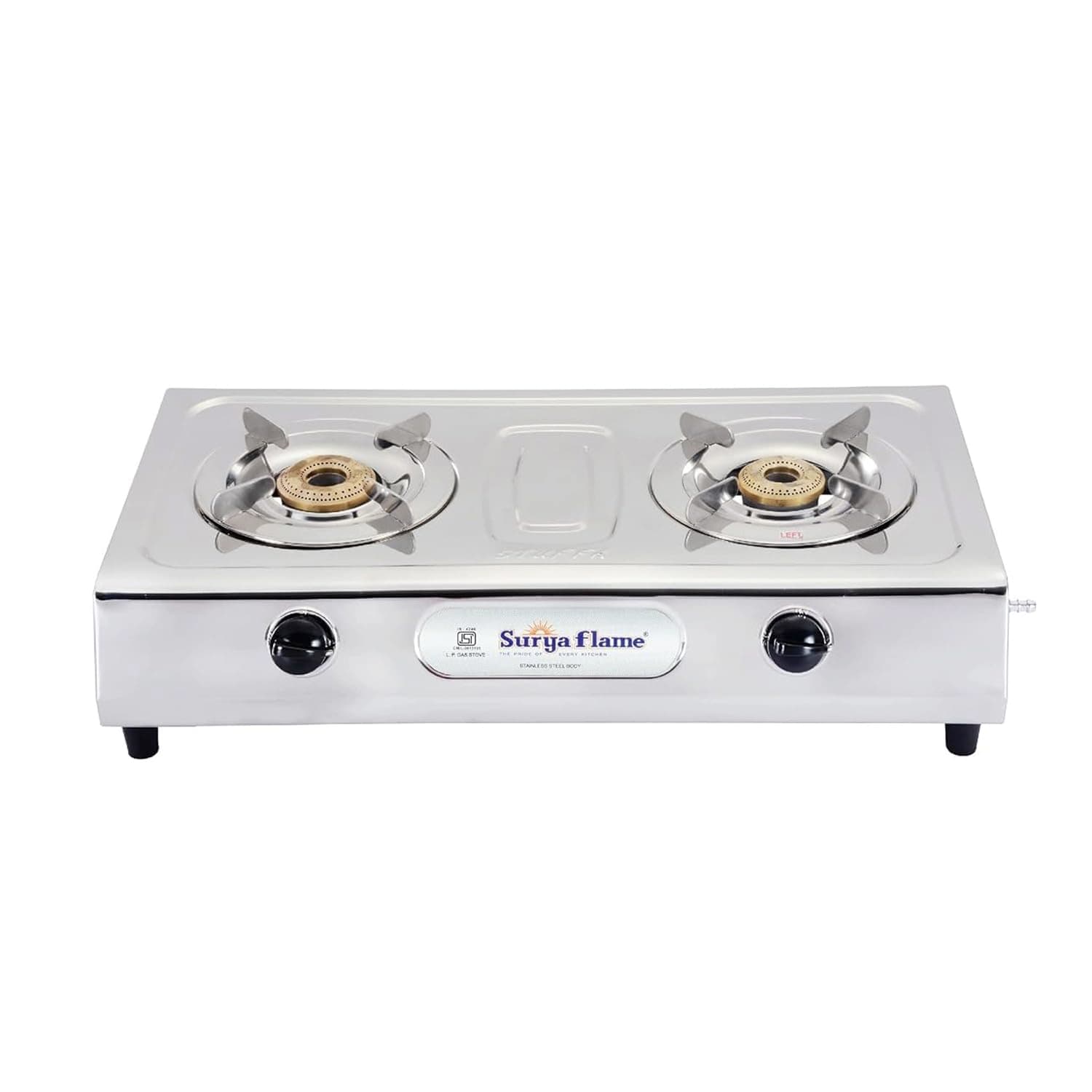 Surya Flame Majestic Gas Stove 2 Burners Stainless Steel Body for Modular Kitchen with Removable Steel Pan Support & Drip Tray, ISI Certified & 2 Years Warranty