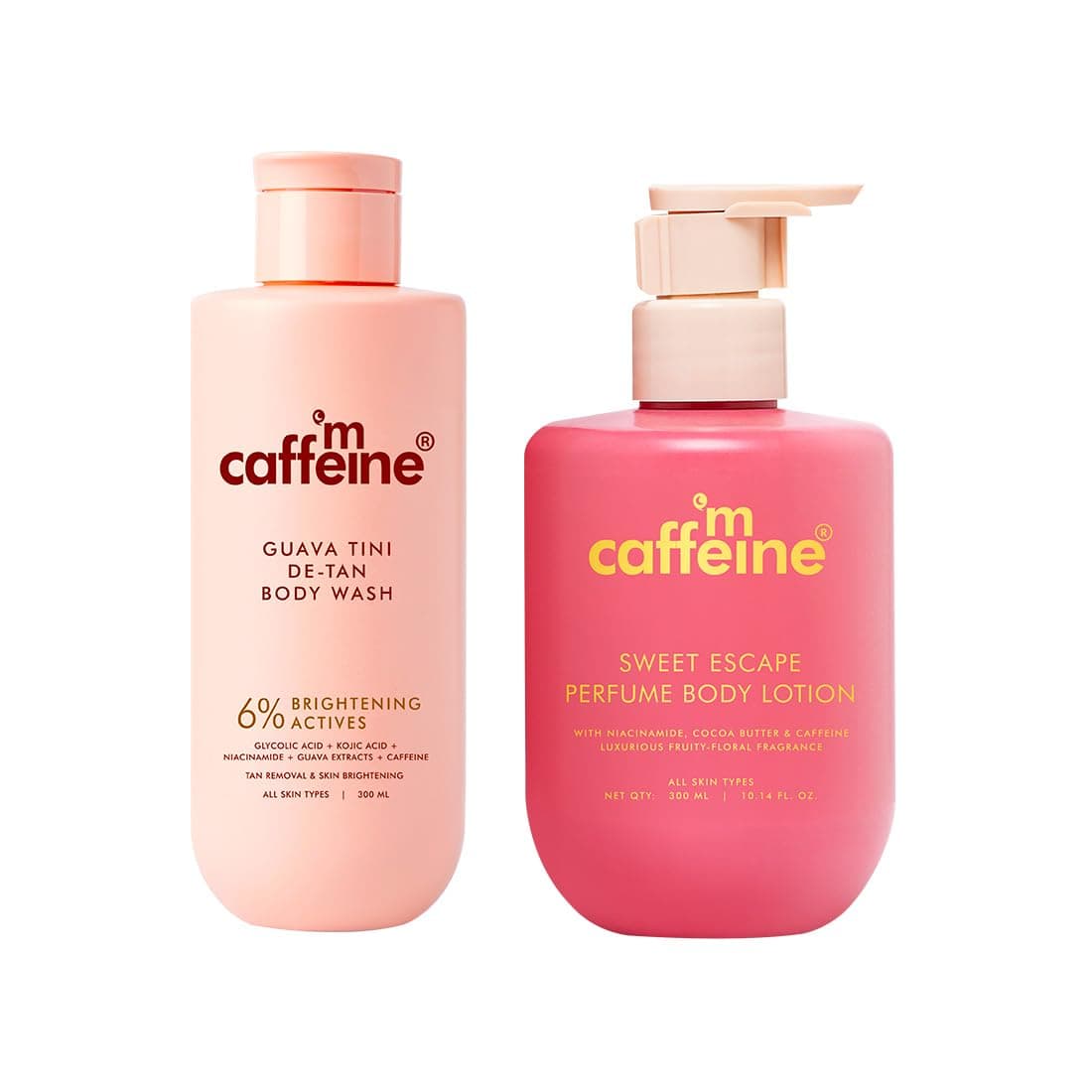 mCaffeine Guava Tini Body Wash & Sweet Escape Body Lotion | 1% Glycolic Acid, 5% Kojic Acid, Niacinamide| Deep Moisturization, Reduces Dark Spots | Fruity & Floral Scent - 300ml x 2 |
