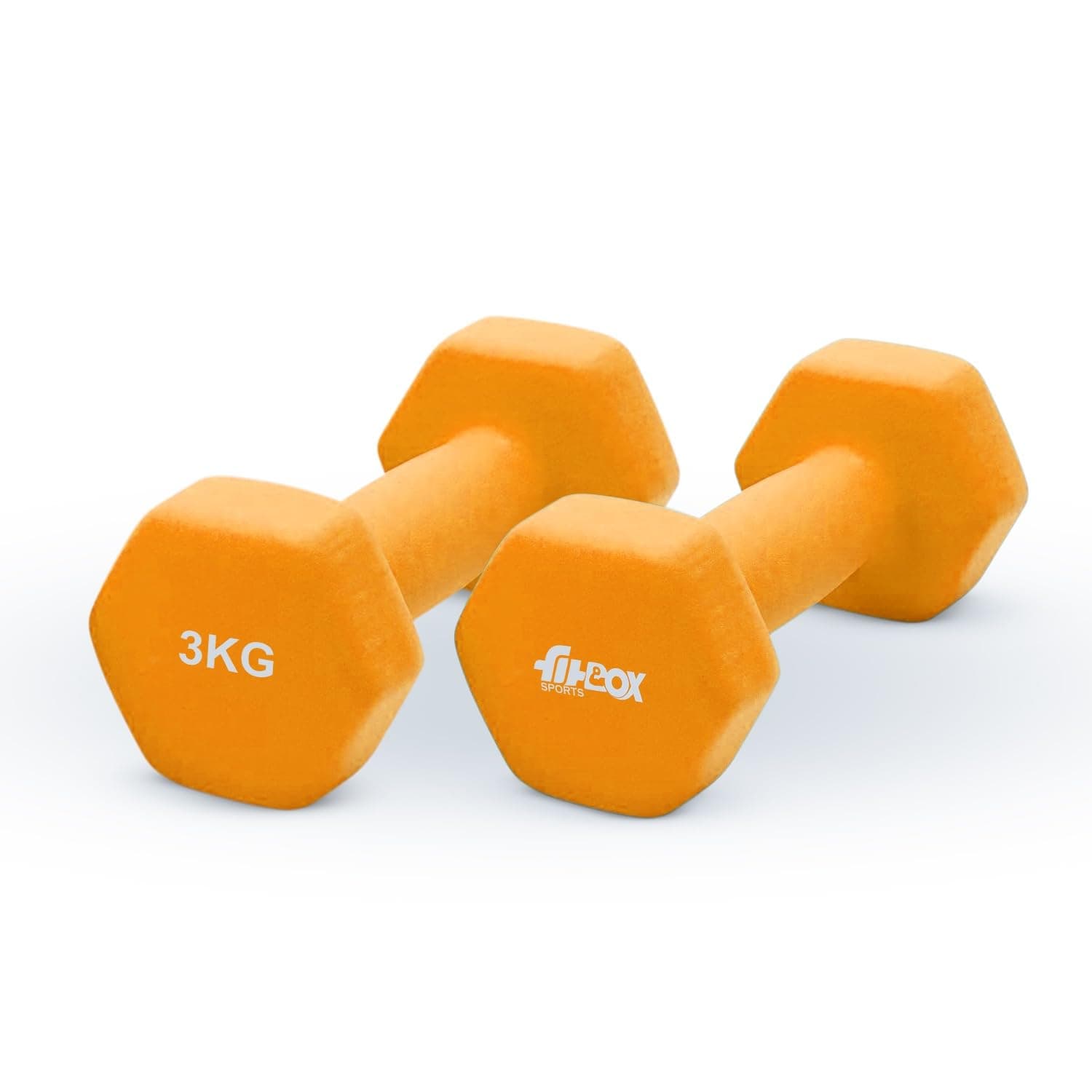 FitBox Sports Premium 6kg (3kg x 2) Neoprene Coated Cast Iron Dumbbells for Exercise & Fitness | Strength Training for Home Gym - Orange
