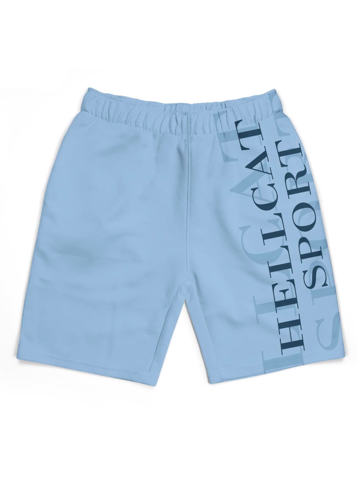 HELLCAT Sky Blue Trendy Typographic Printed Mid Rise Shorts for Boys