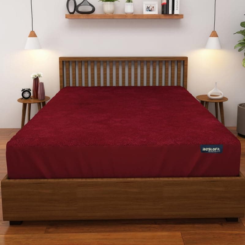 Restofit 100% Waterproof Mattress Protector, Premium Cotton 220 GSM, Soft & Breathable | 78x60 Inch Queen Size Bed Cover, Maroon | Protects Against Spills, Dust & Stains | Hypoallergenic & Durable
