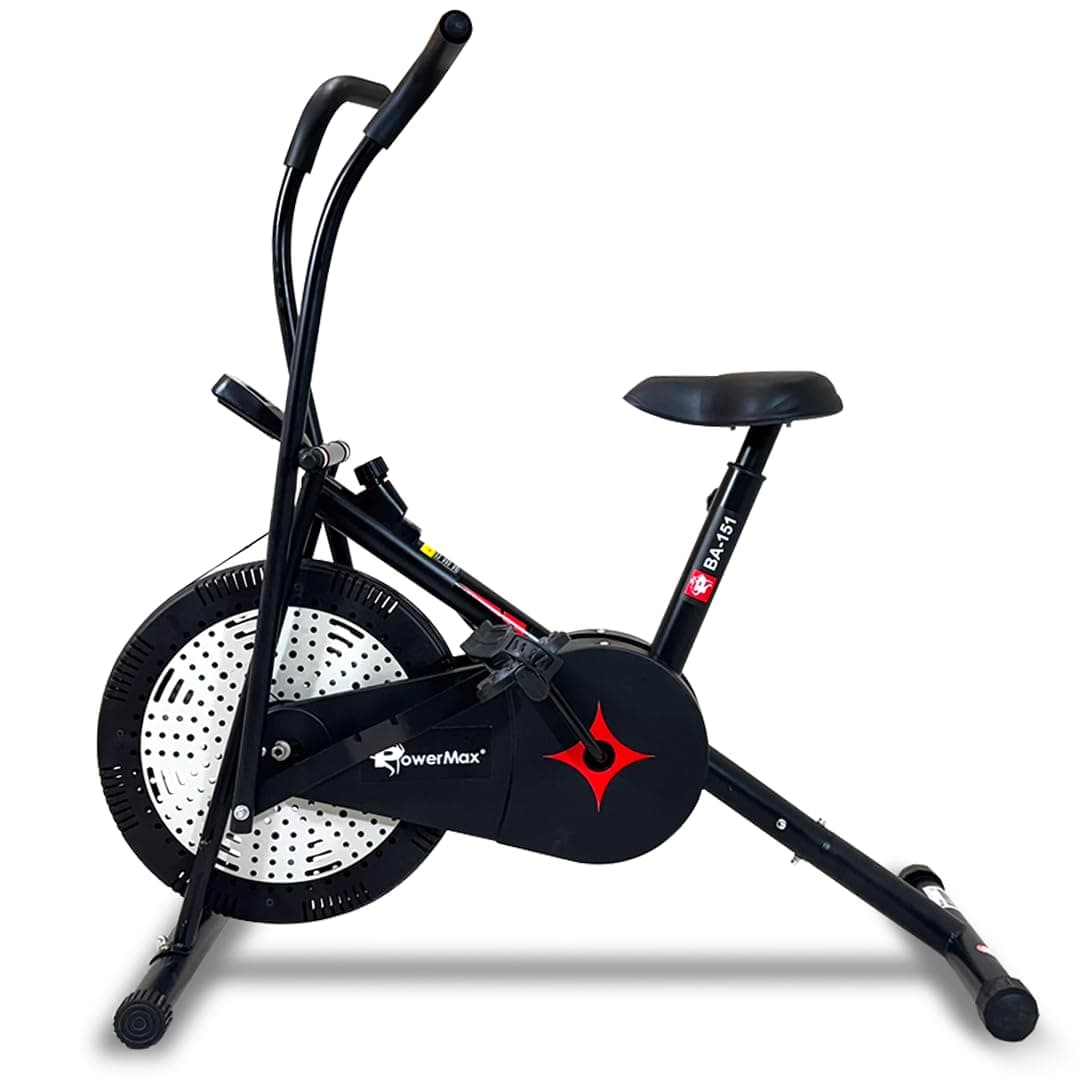 PowerMax Fitness BA-151 Air Bike with Moving Handles, Adjustable Seat | Home Gym Exercise Cycle for 120kg Max User | V-Belt Drive, Non-Slip Pedals | LCD Display, Black
