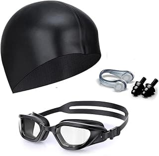 Leosportz Silicone 4 In 1 Swimming Kit - Swimming Cap, Swimming Googles, Earplugs And Nosepulgs Set | UV And Anti Fogg Protection Googles | Silicon Non Sip With New Memory Technology, Black