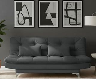 AMATA Eagle Solid Wood 3 Seater Sofa Cum Bed Grey Suede Velvet with Two Cushions Perfect for Home Living Office Room and Guests (Grey, Medium)(3 yrs Warranty)