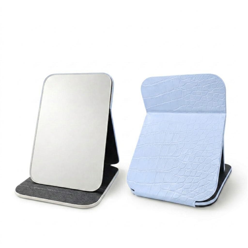 Eletree Foldable Makeup Mirror with Adjustable Stand, Portable HD Vanity Mirror for Travel & Dressing Table, PU Leather Crocodile Pattern Compact Cosmetic Mirror for Women & Girls (16x11cm) (Blue)
